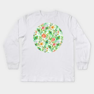 Peacock Feather Posies on white Kids Long Sleeve T-Shirt
